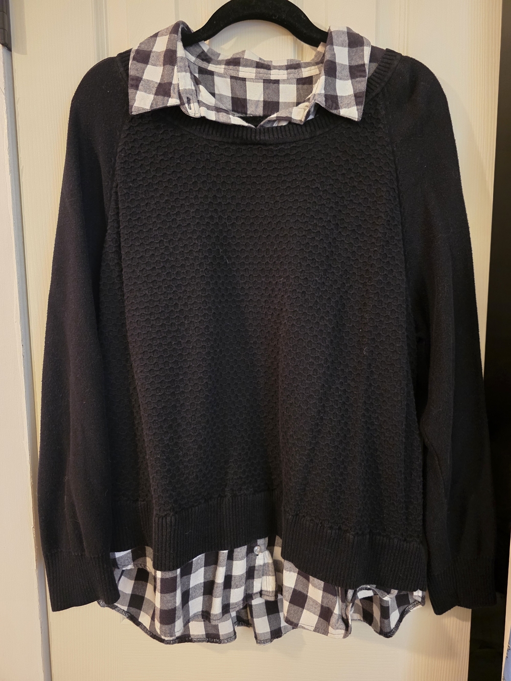 89th & Madison Black Knit 2fer Sweater With Flannel Collar And Hem